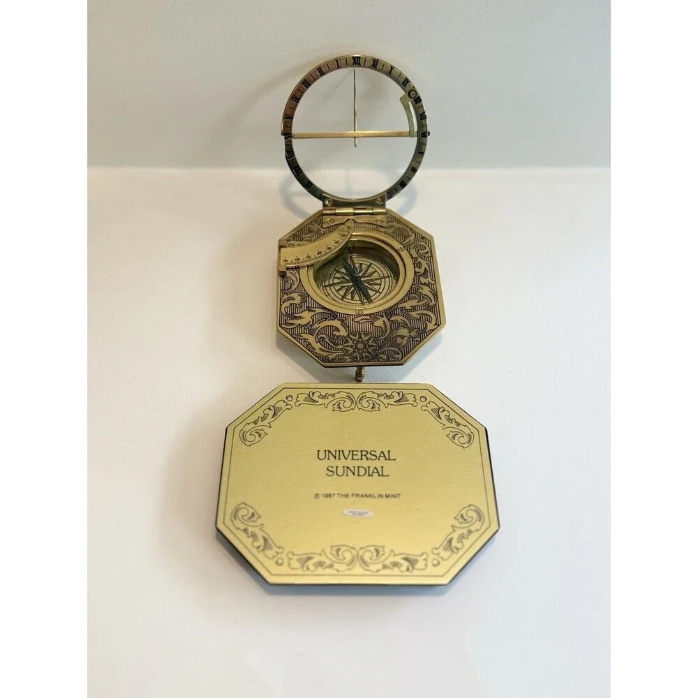 Vintage Franklin Mint Universal Sundial 1987 Brass Compass on Wood Base